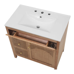English Elm 30 Inch Acacia Herringbone Freestanding Vanity with Ceramic Sink Soft Close Storage W5278S00006