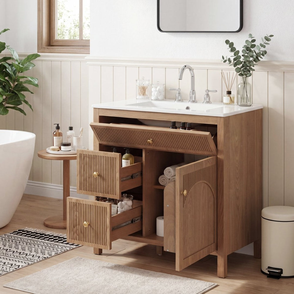 English Elm 30 Inch Acacia Herringbone Freestanding Vanity with Ceramic Sink Soft Close Storage W5278S00006