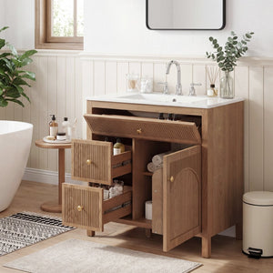 English Elm 30 Inch Acacia Herringbone Freestanding Vanity with Ceramic Sink Soft Close Storage W5278S00006