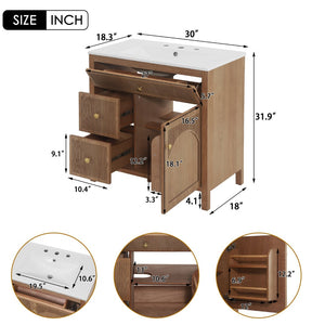 English Elm 30 Inch Acacia Herringbone Freestanding Vanity with Ceramic Sink Soft Close Storage W5278S00006