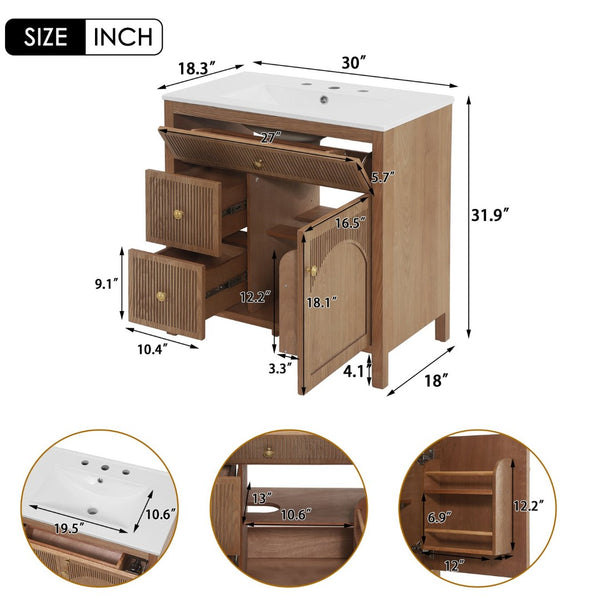 English Elm 30 Inch Acacia Herringbone Freestanding Vanity with Ceramic Sink Soft Close Storage W5278S00006