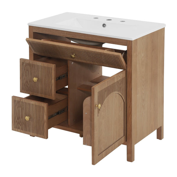 English Elm 30 Inch Acacia Herringbone Freestanding Vanity with Ceramic Sink Soft Close Storage W5278S00006