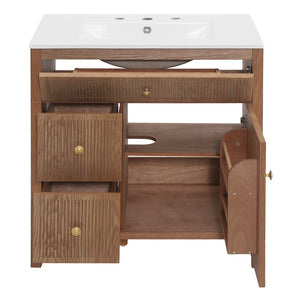English Elm 30 Inch Acacia Herringbone Freestanding Vanity with Ceramic Sink Soft Close Storage W5278S00006
