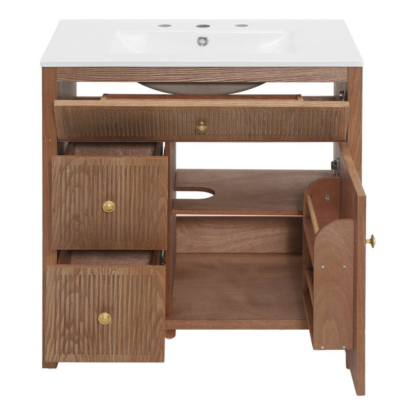 English Elm 30 Inch Acacia Herringbone Freestanding Vanity with Ceramic Sink Soft Close Storage W5278S00006