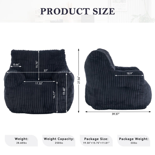 English Elm 010-soft Corduroy Bean Bag Chair with Memory Sponge Fill for Bedroom or Living Room Black W527P235537