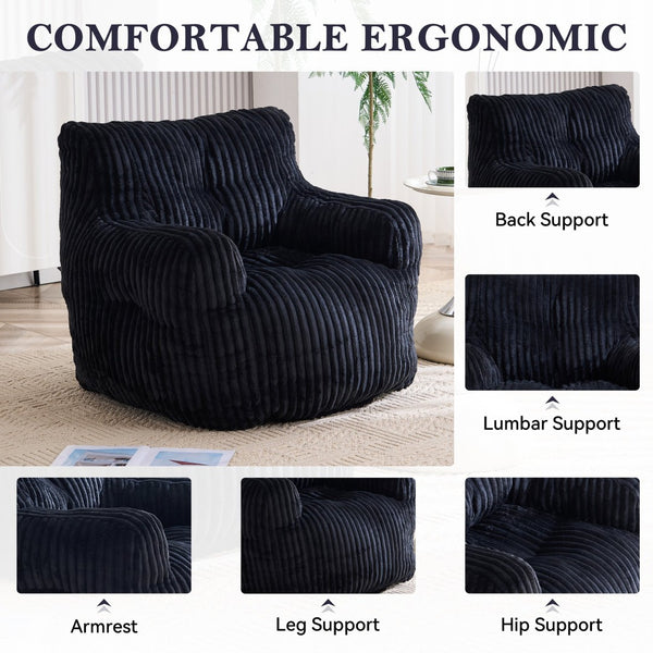 English Elm 010-soft Corduroy Bean Bag Chair with Memory Sponge Fill for Bedroom or Living Room Black W527P235537