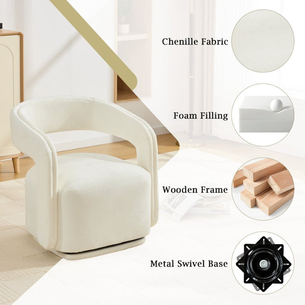 English Elm 065-chenille Barrel Swivel Chair Soft Upholstered Accent Seat for Living Room Reading White W527P370604