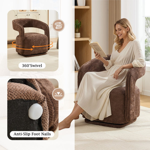 English Elm 065-chenille Barrel Swivel Chair Soft Upholstered Accent Seat for Living Room Reading Brown W527P370609
