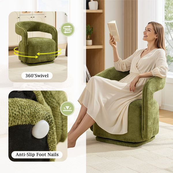 English Elm 065-chenille Barrel Swivel Chair Soft Upholstered Accent Seat for Living Room Reading Green W527P370610