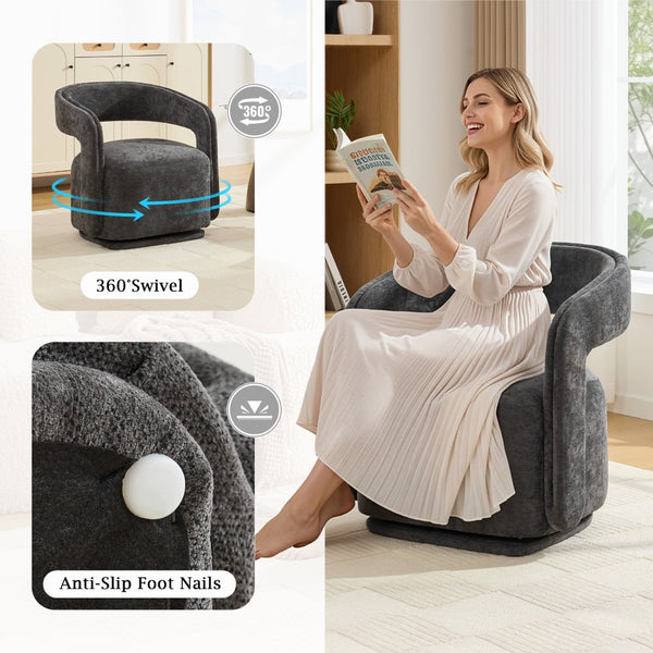 English Elm 065-chenille Barrel Swivel Chair Soft Upholstered Accent Seat for Living Room Reading Dark Gray W527P370612