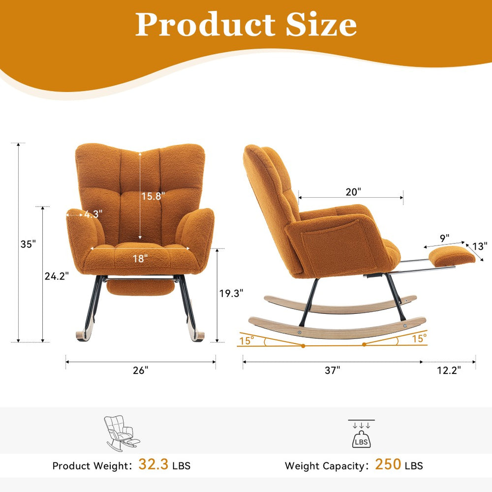English Elm 067-teddy Plush Nursery Rocking Chair with Footstool High Back and Side Storage Pocket W527P420901