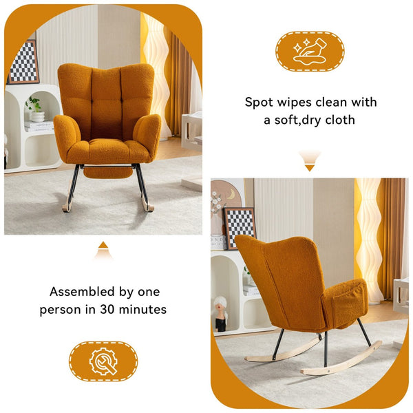English Elm 067-teddy Plush Nursery Rocking Chair with Footstool High Back and Side Storage Pocket W527P420901