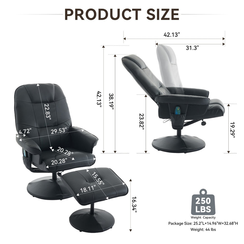 English Elm 089-massage Recliner with Ottoman Pu Leather Swivel Seat Heating Multi-zone Vibration Home Office Black W527P510517