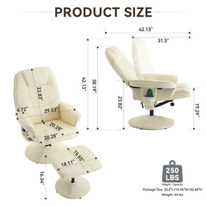 English Elm 089-massage Recliner with Ottoman Pu Leather Swivel Seat Heating Multi-zone Vibration Home Office Beige W527P510519