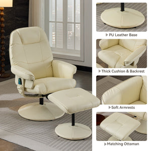 English Elm 089-massage Recliner with Ottoman Pu Leather Swivel Seat Heating Multi-zone Vibration Home Office Beige W527P510519