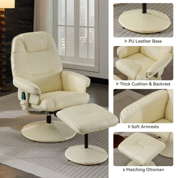 English Elm 089-massage Recliner with Ottoman Pu Leather Swivel Seat Heating Multi-zone Vibration Home Office Beige W527P510519