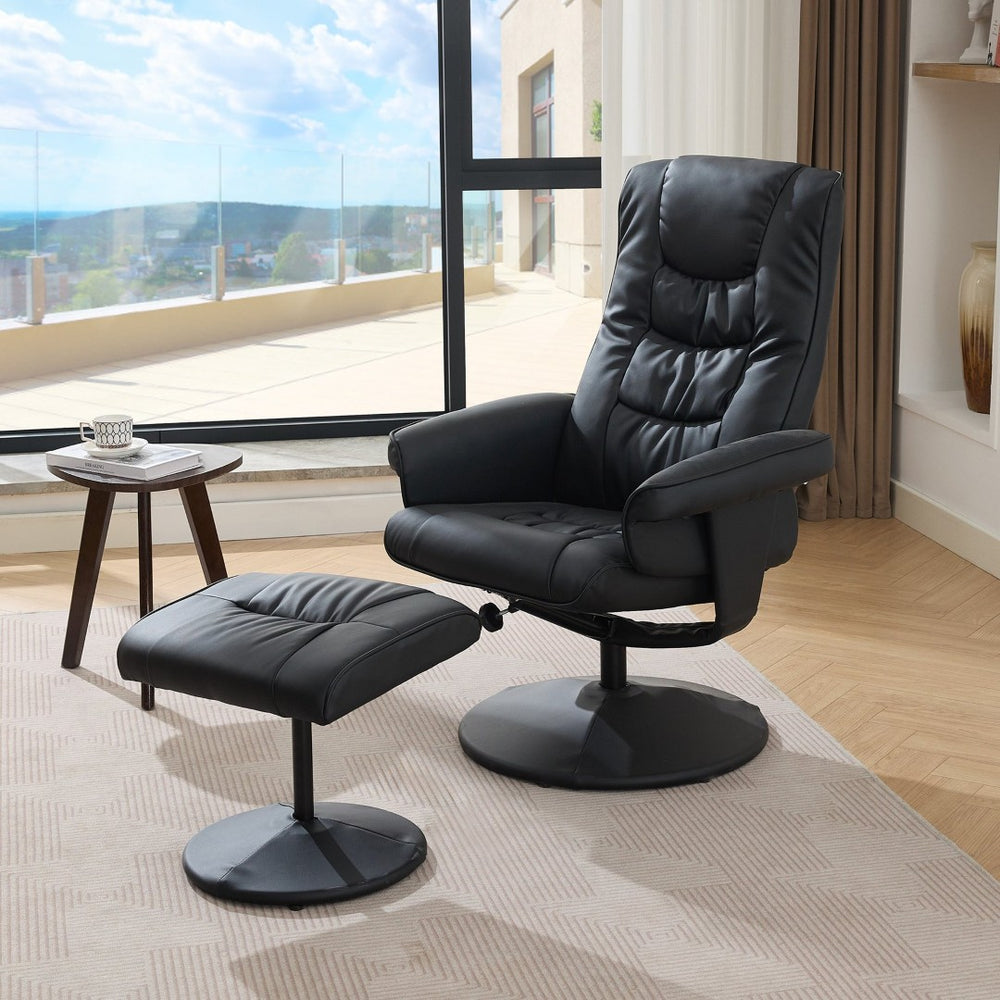 English Elm 090-massage Reclining Lounge Chair with Ottoman Swivel Pu Leather Heated Vibration Seat Black W527P510528