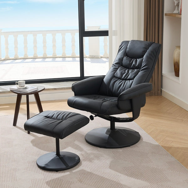 English Elm 090-massage Reclining Lounge Chair with Ottoman Swivel Pu Leather Heated Vibration Seat Black W527P510528