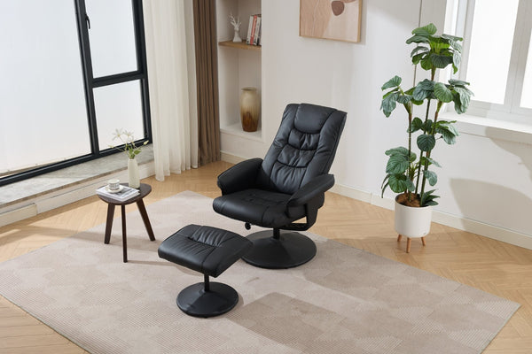 English Elm 090-massage Reclining Lounge Chair with Ottoman Swivel Pu Leather Heated Vibration Seat Black W527P510528