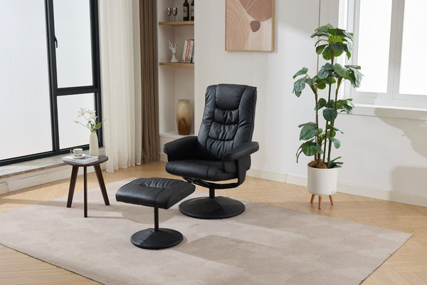English Elm 090-massage Reclining Lounge Chair with Ottoman Swivel Pu Leather Heated Vibration Seat Black W527P510528