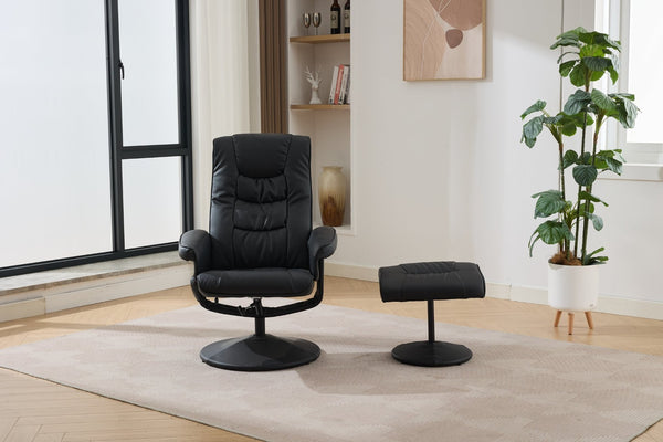 English Elm 090-massage Reclining Lounge Chair with Ottoman Swivel Pu Leather Heated Vibration Seat Black W527P510528