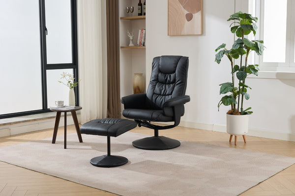 English Elm 090-massage Reclining Lounge Chair with Ottoman Swivel Pu Leather Heated Vibration Seat Black W527P510528