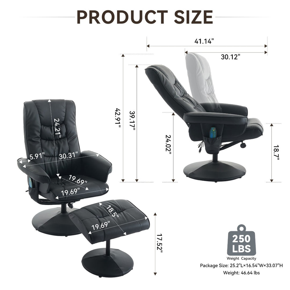 English Elm 090-massage Reclining Lounge Chair with Ottoman Swivel Pu Leather Heated Vibration Seat Black W527P510528
