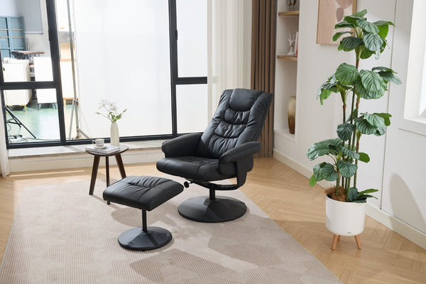 English Elm 090-massage Reclining Lounge Chair with Ottoman Swivel Pu Leather Heated Vibration Seat Black W527P510528