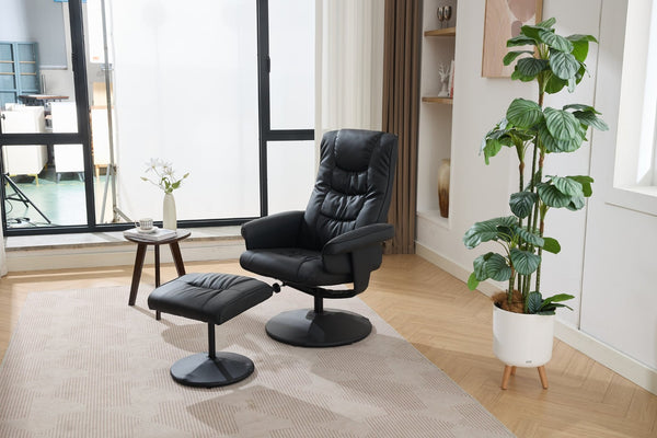 English Elm 090-massage Reclining Lounge Chair with Ottoman Swivel Pu Leather Heated Vibration Seat Black W527P510528