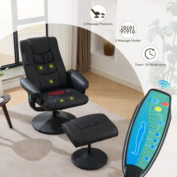 English Elm 090-massage Reclining Lounge Chair with Ottoman Swivel Pu Leather Heated Vibration Seat Black W527P510528
