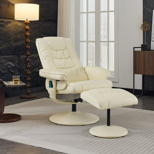 English Elm 090-massage Reclining Lounge Chair with Ottoman Swivel Pu Leather Heated Vibration Seat Beige W527P510529