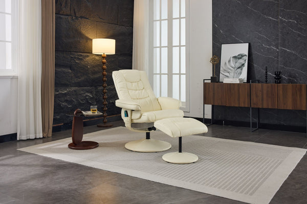 English Elm 090-massage Reclining Lounge Chair with Ottoman Swivel Pu Leather Heated Vibration Seat Beige W527P510529