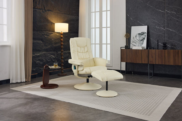 English Elm 090-massage Reclining Lounge Chair with Ottoman Swivel Pu Leather Heated Vibration Seat Beige W527P510529