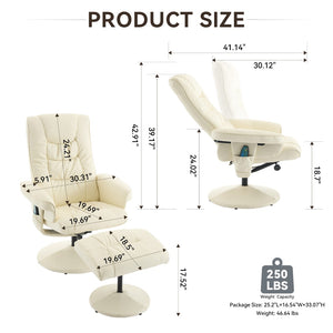 English Elm 090-massage Reclining Lounge Chair with Ottoman Swivel Pu Leather Heated Vibration Seat Beige W527P510529