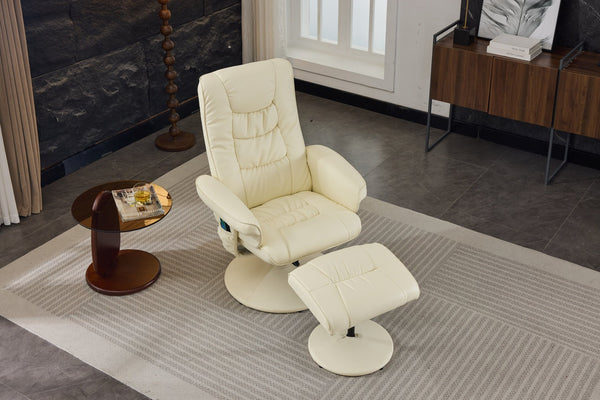 English Elm 090-massage Reclining Lounge Chair with Ottoman Swivel Pu Leather Heated Vibration Seat Beige W527P510529