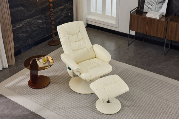 English Elm 090-massage Reclining Lounge Chair with Ottoman Swivel Pu Leather Heated Vibration Seat Beige W527P510529