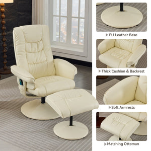English Elm 090-massage Reclining Lounge Chair with Ottoman Swivel Pu Leather Heated Vibration Seat Beige W527P510529