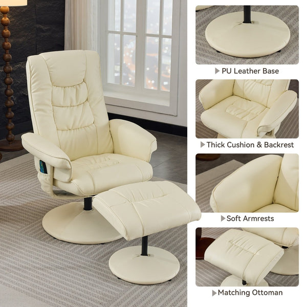 English Elm 090-massage Reclining Lounge Chair with Ottoman Swivel Pu Leather Heated Vibration Seat Beige W527P510529