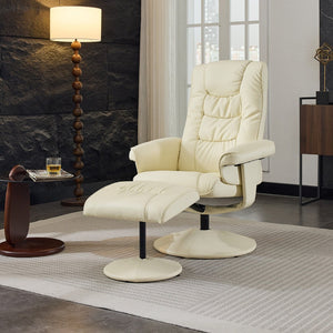 English Elm 090-massage Reclining Lounge Chair with Ottoman Swivel Pu Leather Heated Vibration Seat Beige W527P510529