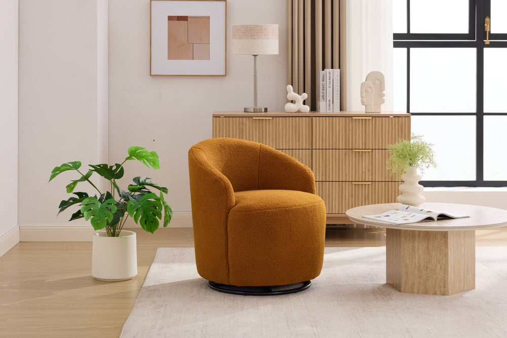 English Elm 012C-Teddy Plush Barrel Swivel Chair Curved Wraparound Back for Cozy Reading Nooks Caramel W527P547706