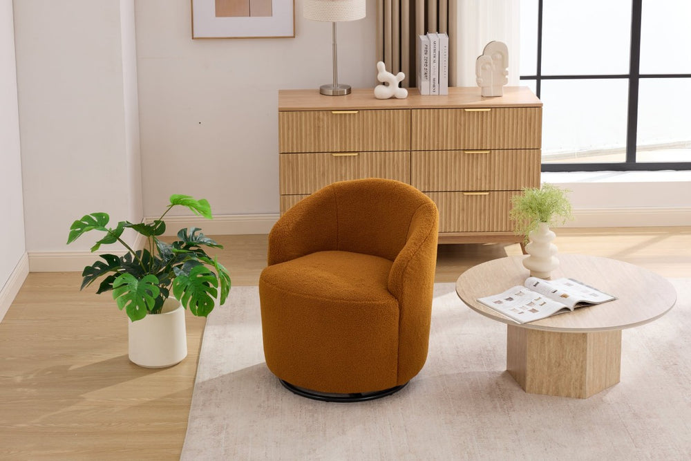 English Elm 012C-Teddy Plush Barrel Swivel Chair Curved Wraparound Back for Cozy Reading Nooks Caramel W527P547706