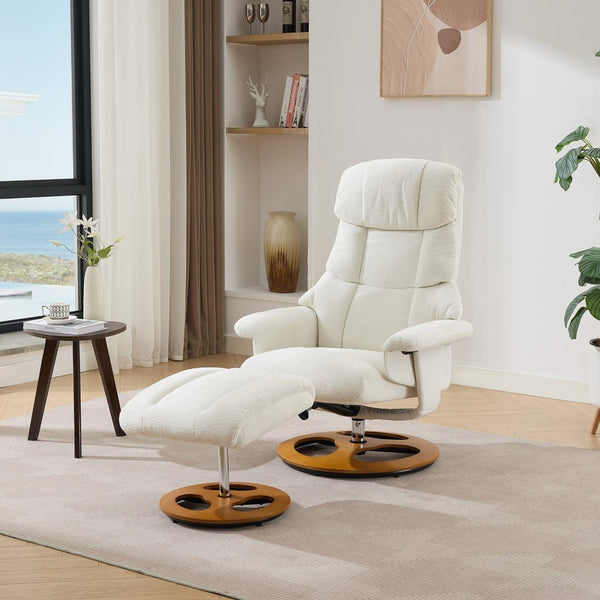 English Elm 069dr-ergonomic Wingback Chenille Swivel Recliner with Massage Ottoman for Living Room White W527S00020