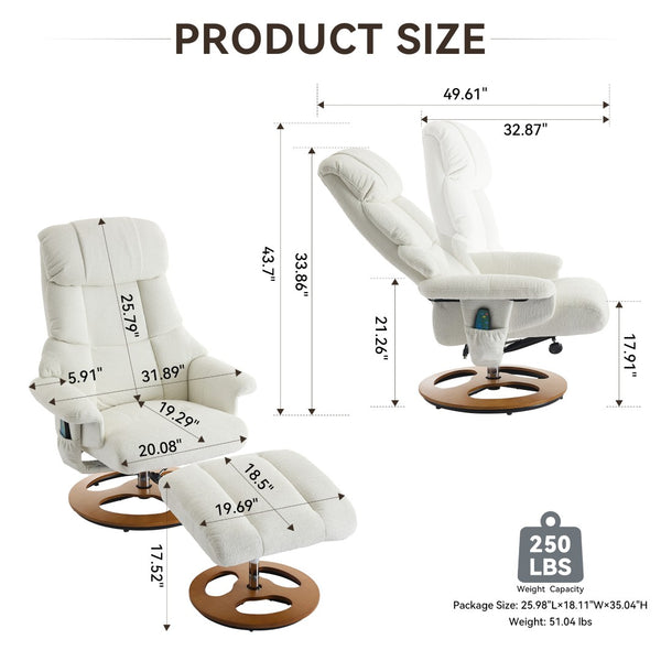 English Elm 069dr-ergonomic Wingback Chenille Swivel Recliner with Massage Ottoman for Living Room White W527S00020