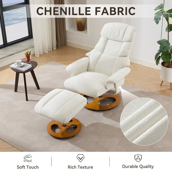 English Elm 069dr-ergonomic Wingback Chenille Swivel Recliner with Massage Ottoman for Living Room White W527S00020