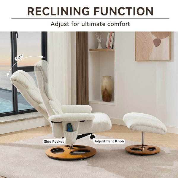 English Elm 069dr-ergonomic Wingback Chenille Swivel Recliner with Massage Ottoman for Living Room White W527S00020
