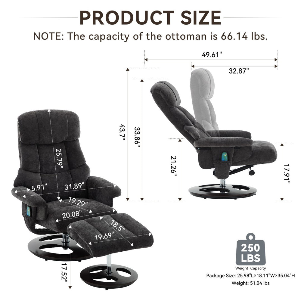 English Elm 069dr-ergonomic Wingback Chenille Swivel Recliner with Massage Ottoman for Living Room Dark Gray W527S00021