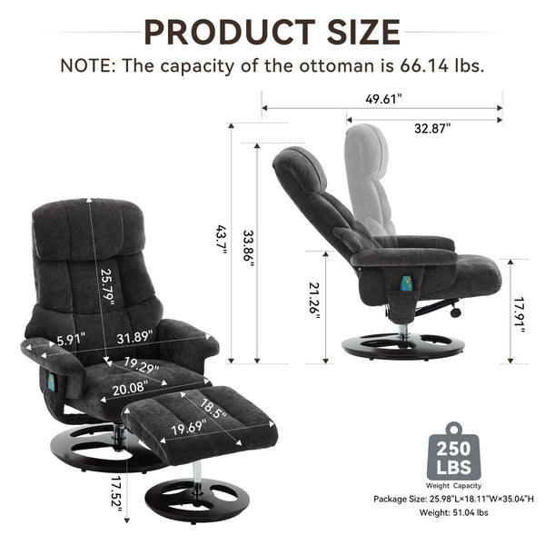 English Elm 069dr-ergonomic Wingback Chenille Swivel Recliner with Massage Ottoman for Living Room Dark Gray W527S00021