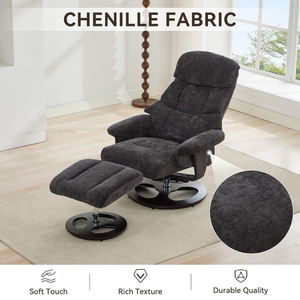 English Elm 069dr-ergonomic Wingback Chenille Swivel Recliner with Massage Ottoman for Living Room Dark Gray W527S00021