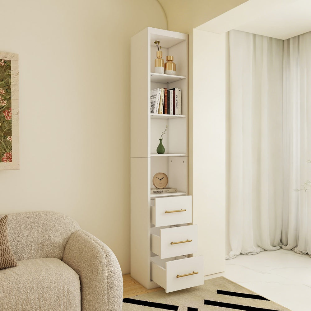 English Elm 15.75x85.04inch White Tall Narrow Storage Cabinet with Open Shelves and Three Drawers W5290P513575