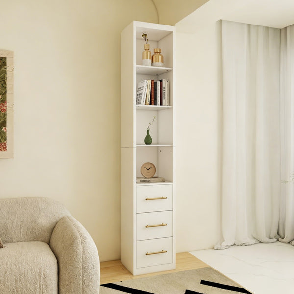 English Elm 15.75x85.04inch White Tall Narrow Storage Cabinet with Open Shelves and Three Drawers W5290P513575